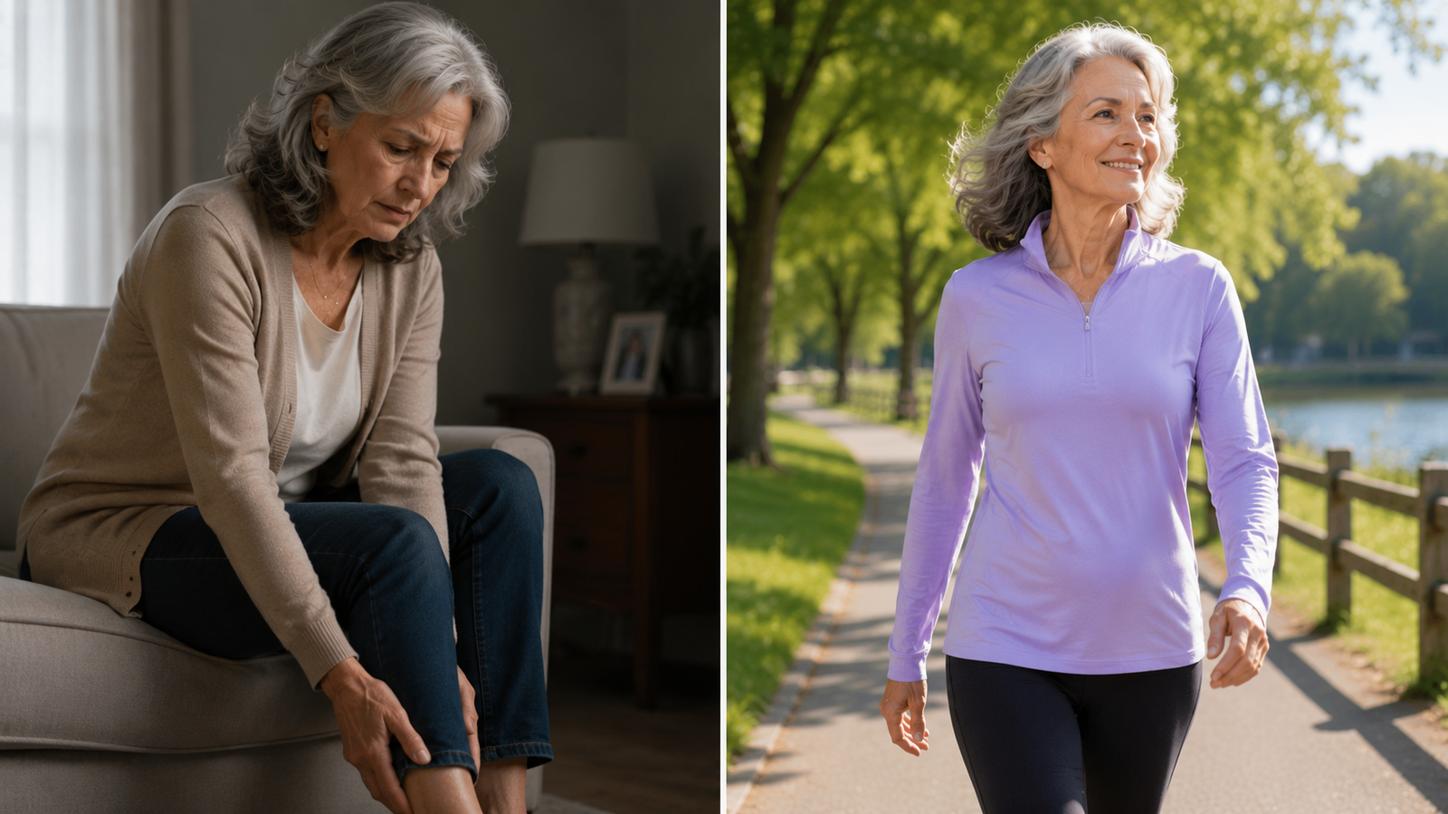 Before and after: discomfort at home vs. enjoying a walk in the park